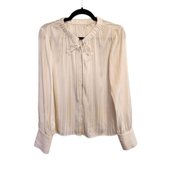 FRAME- Women’s Shirred Silk Neck-Tie Blouse in Off White, Size Large - Picture 4 of 13